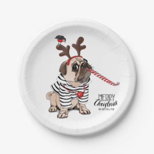 Gelukkig kerstfeest   Pug Reindester Papieren Bordje
