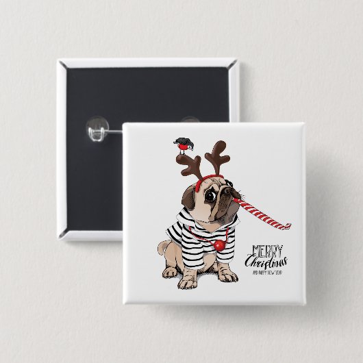 Gelukkig kerstfeest | Pug Reindester Vierkante Button 5,1 Cm (Voorkant /achterkant)