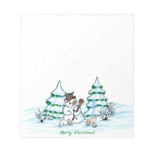Gelukkig kerstfeest! Snowman met Cat en Puppy Notitieblok