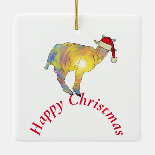 Gelukkig kerstgeit in Santa hat Keramisch Ornament (Achterkant)