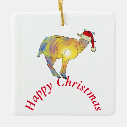 Gelukkig kerstgeit in Santa hat Keramisch Ornament (Voorkant)