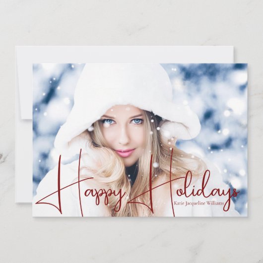 Gelukkig Kerstmis Model Portret Rode Script Overla Feestdagenkaart (Voorkant)