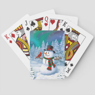 Gelukkig Kerstmis Sneeuwman & Vogels Winter Scène Pokerkaarten