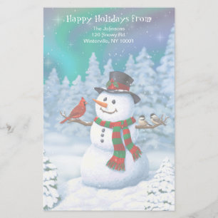 Gelukkig Kerstmis Sneeuwman & Vogels Winterlandsch Briefpapier