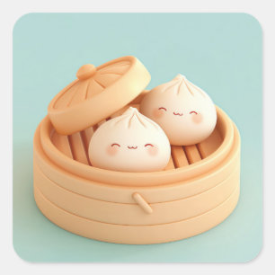 Gelukkig klei gestoomde dumplings in bamboe stoomm vierkante sticker