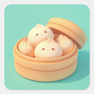 Gelukkig klei gestoomde dumplings in bamboe stoomm vierkante sticker