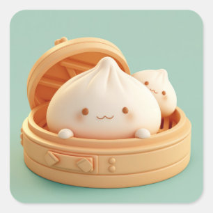 Gelukkig klei gestoomde dumplings in bamboemandje vierkante sticker