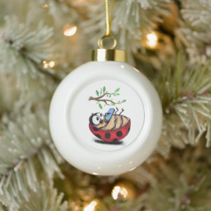 Gelukkig Kleine Ladybug met Telefoon - Cartoon Tek Keramische Bal Ornament