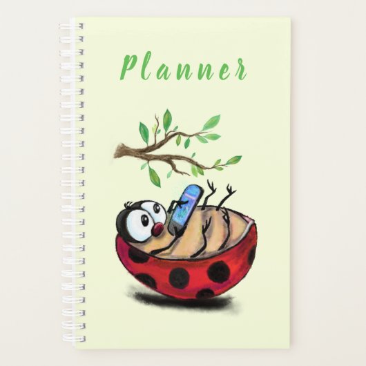 Gelukkig Kleine Ladybug met Telefoon - Cartoon Tek Planner (Voorkant)