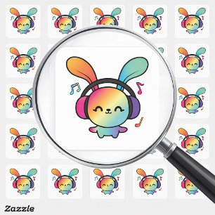 Gelukkig konijn met koptelefoon die naar muziek lu vierkante sticker