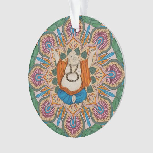 Gelukkig lachend Boeddha Bodhi Leaf Mandala Ornament (voorkant)