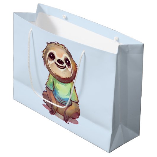 Gelukkig lachende luiaard zit ontspannen groot cadeauzakje (Voorkant Gekanteld)