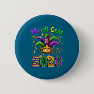 Gelukkig Mardi Gras 2026 Narrenhoed Mannen Vrouwen Ronde Button 5,7 Cm