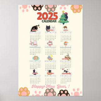 Gelukkig Miauwjaar 2025 muurkalender voor kattenli Poster