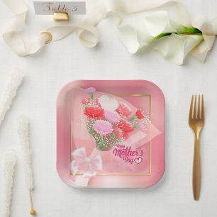 Gelukkig Moederdag Bloemboeket Roze en Goud Papieren Bordje
