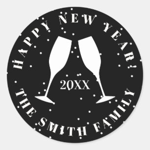 Gelukkig nieuwjaar 2022 twee champagneglazen kaasm ronde sticker