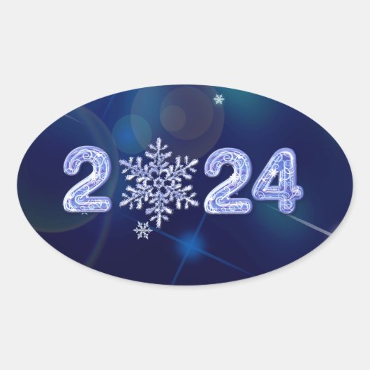 Gelukkig Nieuwjaar 2024. IJsnummers en sneeuwvlok Ovale Sticker (Voorkant)