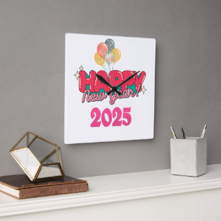 Gelukkig Nieuwjaar 2025 wandklok Vierkante Klok