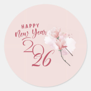 Gelukkig Nieuwjaar 2026 Bloem Roze Ronde Sticker