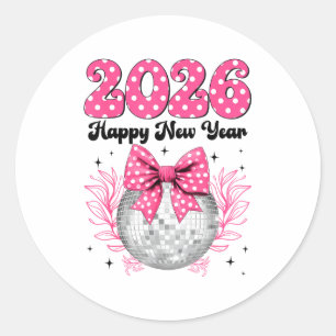 Gelukkig Nieuwjaar 2026 Coquette Strik & Disco Bal Ronde Sticker