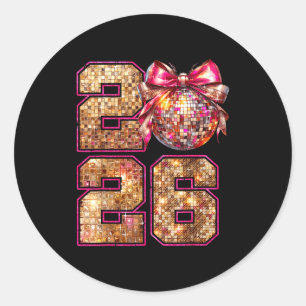 Gelukkig Nieuwjaar 2026 Disco Bal Nk Coquette Boog Ronde Sticker