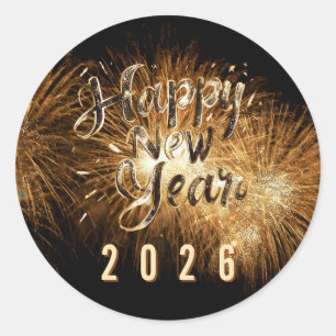 Gelukkig nieuwjaar 2026 gouden details vuurwerk li ronde sticker