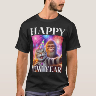 Gelukkig Nieuwjaar 2026 Grappige Kat Bigfoot Feest T-shirt