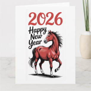 Gelukkig Nieuwjaar 2026 Kaart Rode Paard Illustrat