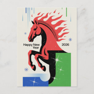 Gelukkig Nieuwjaar 2026 Kaart Rode Paard Vintage S