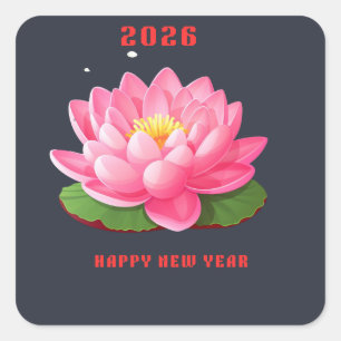 Gelukkig Nieuwjaar 2026 Roze Lotus Bloem Illustrat Vierkante Sticker
