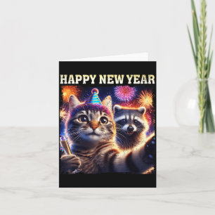 Gelukkig Nieuwjaar 2026 Schattige Kat Wasbeer Vier Kaart