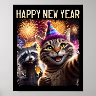 Gelukkig Nieuwjaar 2026 Schattige Kat Wasbeer Vier Poster