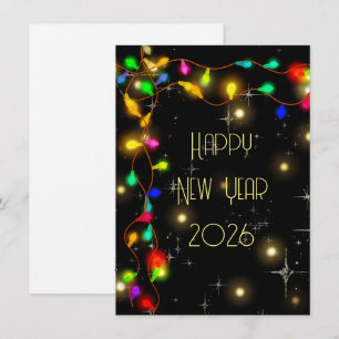 Gelukkig nieuwjaar 2026, sterren en lichtslingers feestdagenkaart