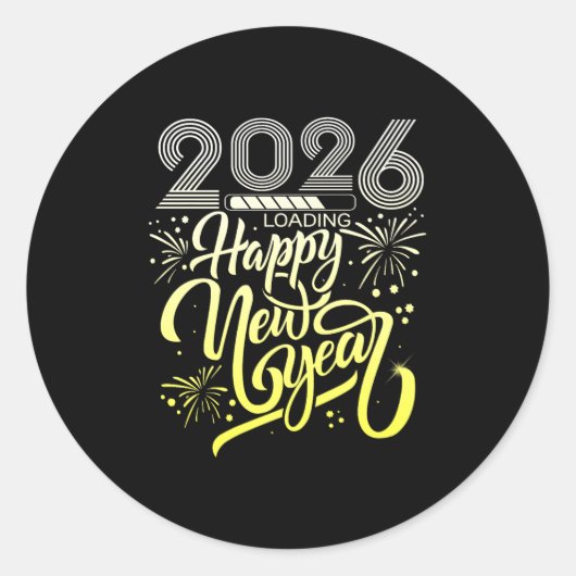Gelukkig Nieuwjaar 2026 Vuurwerk laden Nieuwjaar E Ronde Sticker (Voorkant)