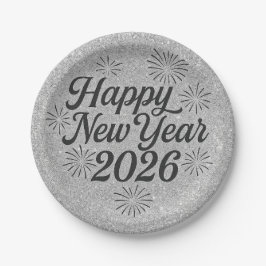 Gelukkig Nieuwjaar 2026 Zilverachtige Glitter & Zw Papieren Bordje