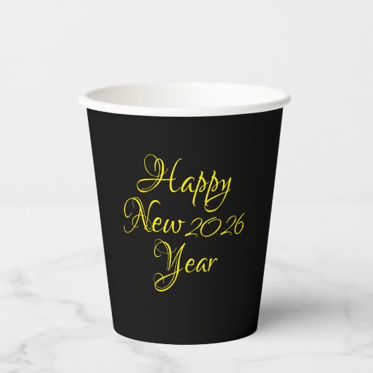 Gelukkig Nieuwjaar 2026 Zwart en Geel Script Papieren Bekers (Voorkant)