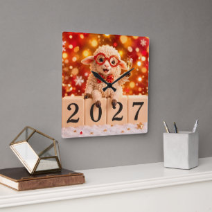 Gelukkig Nieuwjaar 2027 Jaar van de Geit Schaap Vierkante Klok