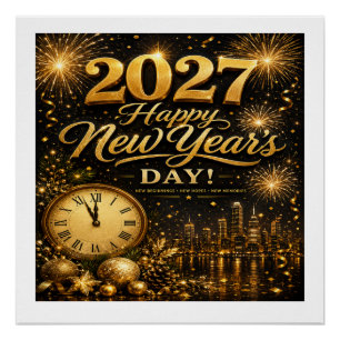 Gelukkig Nieuwjaar 2027 Luxe Gouden Vuurwerk Perfect Poster