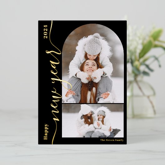 Gelukkig Nieuwjaar 3 foto boog modern script goud Folie Feestdagenkaart (Staand Voorkant)
