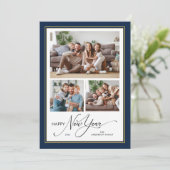 Gelukkig Nieuwjaar Eenvoudig Elegant Script 3 foto Feestdagenkaart (Staand voorkant)