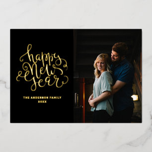 Gelukkig nieuwjaar. Elegante zwart gouden script f Folie Feestdagenkaart
