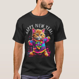 Gelukkig Nieuwjaar Feest Dansende Kat Ontwerp T-shirt