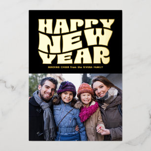 Gelukkig Nieuwjaar funky fun retro zwart goud foto Folie Feestdagenkaart