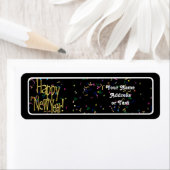 Gelukkig nieuwjaar - Gold Text op zwarte Confetti Etiket (Insitu)