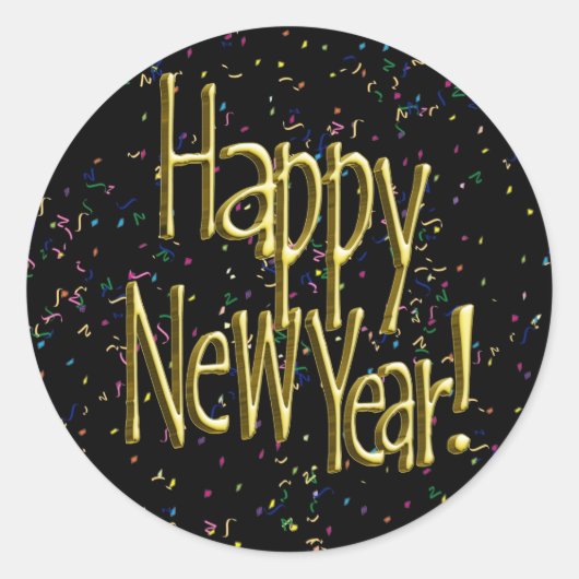Gelukkig nieuwjaar - Gold Text op zwarte Confetti Ronde Sticker (Voorkant)