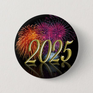 Gelukkig Nieuwjaar Goud 2025 Vuurwerk Ronde Button 5,7 Cm
