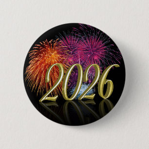 Gelukkig Nieuwjaar Goud 2026 Vuurwerk Knop Ronde Button 5,7 Cm
