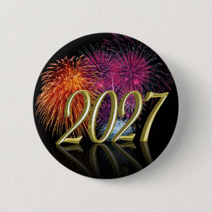 Gelukkig Nieuwjaar Goud 2027 Vuurwerk Knop Ronde Button 5,7 Cm