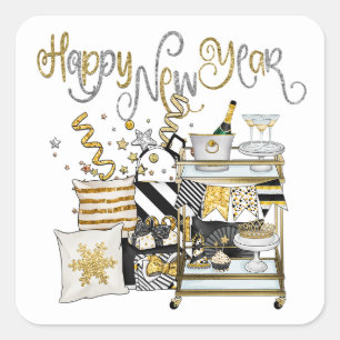 Gelukkig Nieuwjaar Goud Zwart Champagne Gifts Conf Vierkante Sticker