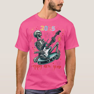 Gelukkig Nieuwjaar Grappig Skeleton Spelen Gitaar T-shirt